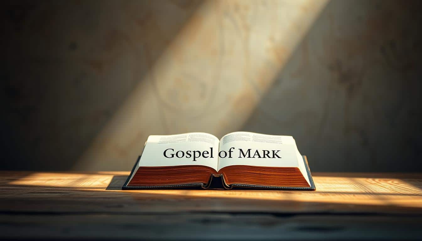 A serene and contemplative rendering of the "Gospel of Mark" - a sacred text depicting the life and miracles of Jesus Christ. Placed at the center, a finely detailed book with ornate binding and gilded edges, resting on a wooden table illuminated by soft, natural lighting. Behind it, a subtly textured background of earthy tones and muted hues, evoking a sense of reverence and timelessness. The composition is balanced, with a sense of depth and perspective, guiding the viewer's eye to the focal point of the scripture. The overall atmosphere is one of reverence, contemplation, and a connection to the rich history and teachings of the "Gospel of Mark."