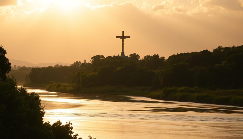 A serene and expansive landscape, bathed in warm, golden light. In the foreground, a peaceful, meandering river reflects the tranquil sky above. Lush, verdant foliage lines the riverbanks, creating a sense of natural abundance. In the middle ground, a majestic, towering cross stands tall, its form silhouetted against the radiant horizon. The cross appears to be offering itself, a symbol of eternal life and salvation, available to all who believe. The scene conveys a deep, spiritual resonance, inviting the viewer to contemplate the profound message of the article. Soft, diffused lighting and a sense of timelessness create an atmosphere of reverence and contemplation. A serene and expansive landscape, bathed in warm, golden light. In the foreground, a peaceful, meandering river reflects the tranquil sky above. Lush, verdant foliage lines the riverbanks, creating a sense of natural abundance. In the middle ground, a majestic, towering cross stands tall, its form silhouetted against the radiant horizon. The cross appears to be offering itself, a symbol of eternal life and salvation, available to all who believe. The scene conveys a deep, spiritual resonance, inviting the viewer to contemplate the profound message of the article. Soft, diffused lighting and a sense of timelessness create an atmosphere of reverence and contemplation.