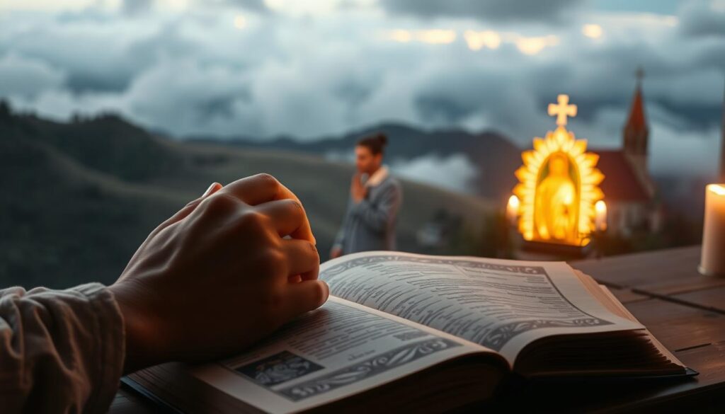 A serene and spiritual scene, illuminated by soft, warm lighting. In the foreground, a pair of praying hands, fingers interlaced, resting on an open book. The book's pages are adorned with ornate calligraphy and religious imagery. In the middle ground, a glowing religious icon or statue, casting a gentle radiance. The background is a tranquil, ethereal landscape, with rolling hills, a cloudy sky, and hints of a distant church or cathedral. The overall atmosphere is one of reverence, devotion, and divine protection. A serene and spiritual scene, illuminated by soft, warm lighting. In the foreground, a pair of praying hands, fingers interlaced, resting on an open book. The book's pages are adorned with ornate calligraphy and religious imagery. In the middle ground, a glowing religious icon or statue, casting a gentle radiance. The background is a tranquil, ethereal landscape, with rolling hills, a cloudy sky, and hints of a distant church or cathedral. The overall atmosphere is one of reverence, devotion, and divine protection.