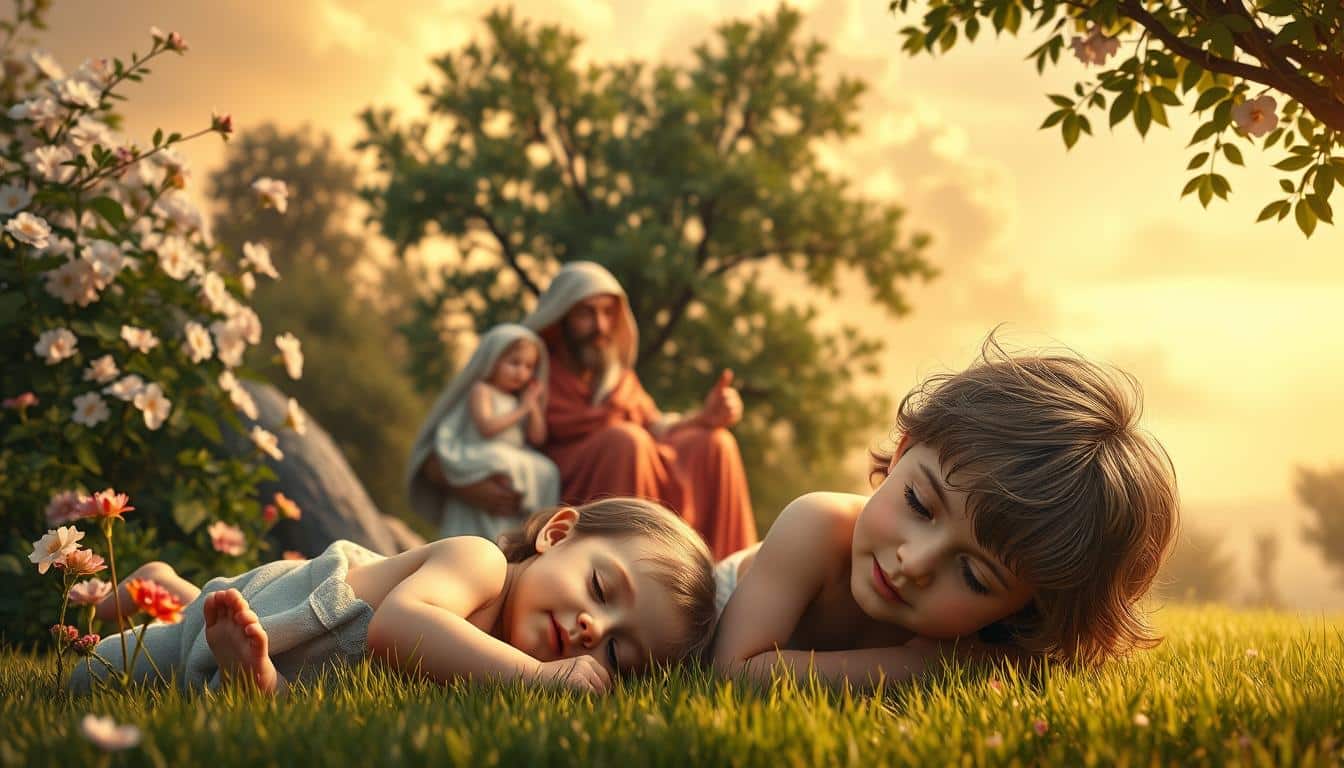 A serene and tranquil scene depicting the childhood of Jesus, as told in the Infancy Gospel of James. In the foreground, a young Jesus plays peacefully, his features soft and gentle. The middle ground shows the Holy Family - Mary, Joseph, and the young Jesus - in a lush, verdant setting, surrounded by blooming flowers and gently swaying trees. The background features a warm, glowing sky with soft clouds, creating a sense of divine grace and heavenly presence. The lighting is soft and diffused, evoking a sense of timelessness and spiritual beauty. Rendered in a realistic, painterly style that captures the sacred and contemplative nature of this biblical narrative.