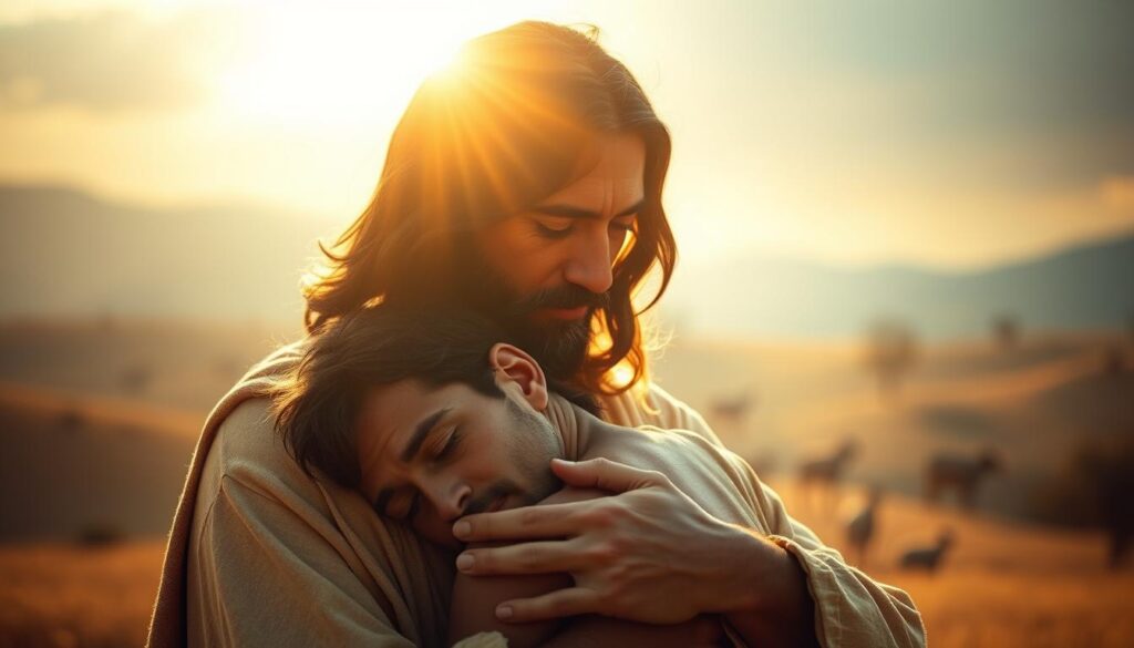 A serene biblical scene of Jesus Christ, the embodiment of divine compassion, tenderly embracing a weary soul. In the foreground, Christ's loving gaze radiates a warm, golden light, illuminating the face of the supplicant with a sense of solace and understanding. The middle ground features a softly blurred backdrop of a tranquil, pastoral landscape, evoking a timeless, sacred ambiance. Subtle, diffused lighting gently envelops the figures, creating a sense of intimacy and reflection. The overall mood is one of profound empathy, grace, and the transformative power of Christ's compassionate embrace.
