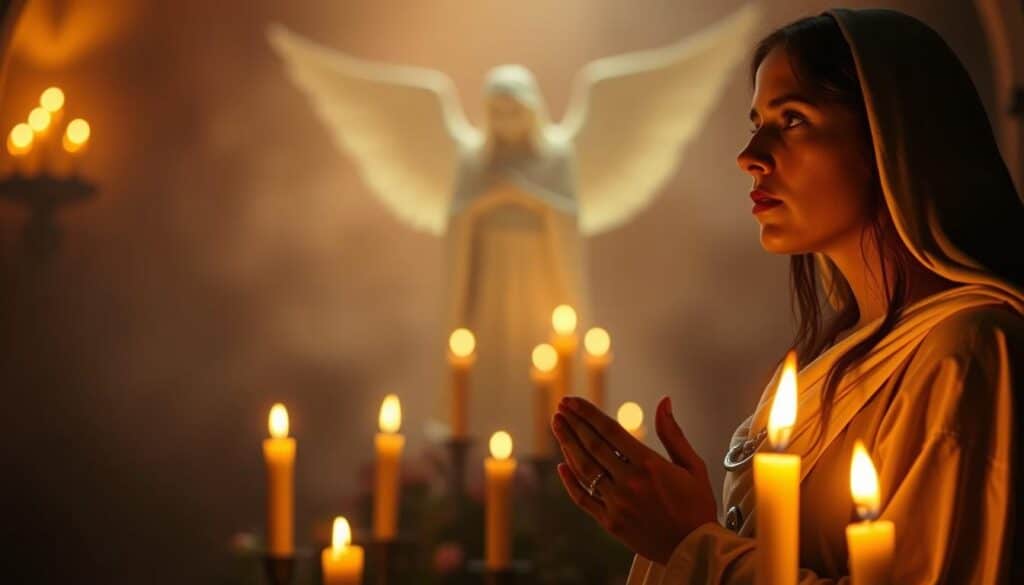 A serene, candlelit scene depicting the revelations of Mary Magdalene. In the foreground, Mary Magdalene stands in a contemplative pose, her face illuminated by the soft glow of flickering candles. Her hands are clasped, and her expression is one of deep spiritual insight. In the middle ground, an ethereal, angelic figure appears, seemingly imparting divine knowledge. The background is shrouded in a warm, atmospheric haze, suggesting a sense of mystery and sacred revelation. The overall mood is one of reverence, introspection, and the transcendental nature of Mary Magdalene's encounters with the divine. A serene, candlelit scene depicting the revelations of Mary Magdalene. In the foreground, Mary Magdalene stands in a contemplative pose, her face illuminated by the soft glow of flickering candles. Her hands are clasped, and her expression is one of deep spiritual insight. In the middle ground, an ethereal, angelic figure appears, seemingly imparting divine knowledge. The background is shrouded in a warm, atmospheric haze, suggesting a sense of mystery and sacred revelation. The overall mood is one of reverence, introspection, and the transcendental nature of Mary Magdalene's encounters with the divine.
