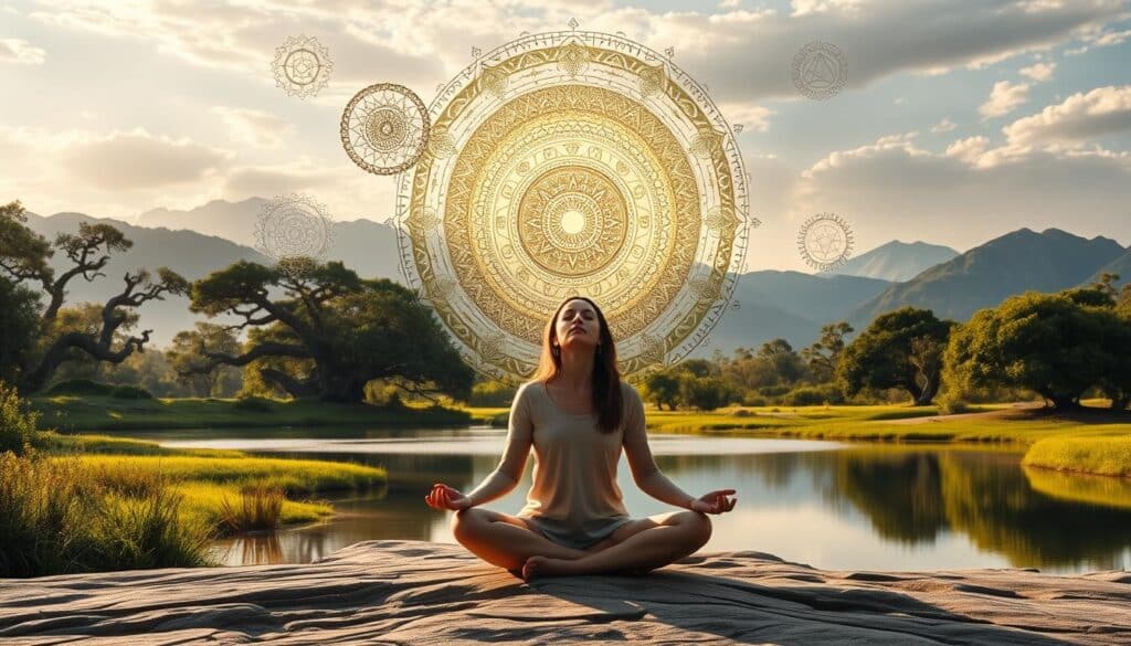 A serene, contemplative scene depicting spiritual practices from the Gospel of Mary Magdalene. In the foreground, a figure sits cross-legged, eyes closed in meditation, radiating an aura of inner peace. Surrounding them, intricate mandala-like patterns and symbols float in the air, representing the esoteric teachings revealed to Mary. The middle ground features a lush, verdant landscape, with ancient trees and a tranquil pond reflecting the sky. Soft, warm lighting bathes the scene, creating an atmosphere of reverence and enlightenment. In the background, a majestic, towering mountain range stands as a silent witness to the transformative spiritual journey. The overall composition conveys a sense of harmony, wisdom, and the profound insights found within the Gospel of Mary Magdalene. A serene, contemplative scene depicting spiritual practices from the Gospel of Mary Magdalene. In the foreground, a figure sits cross-legged, eyes closed in meditation, radiating an aura of inner peace. Surrounding them, intricate mandala-like patterns and symbols float in the air, representing the esoteric teachings revealed to Mary. The middle ground features a lush, verdant landscape, with ancient trees and a tranquil pond reflecting the sky. Soft, warm lighting bathes the scene, creating an atmosphere of reverence and enlightenment. In the background, a majestic, towering mountain range stands as a silent witness to the transformative spiritual journey. The overall composition conveys a sense of harmony, wisdom, and the profound insights found within the Gospel of Mary Magdalene.