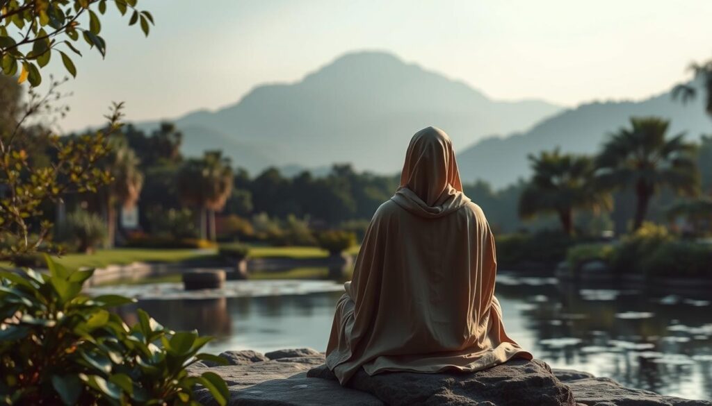 A serene, contemplative scene featuring a tranquil garden oasis, with lush foliage, a tranquil pond, and a peaceful figure seated in a meditative pose. The lighting is soft and diffused, creating a calming atmosphere. In the background, a majestic mountain range rises, symbolizing the spiritual journey and the path to inner peace. The figure is draped in flowing robes, their face obscured, representing the universal nature of spiritual resources and the individual's own path to finding solace and resilience. The overall composition conveys a sense of harmony, balance, and the power of spiritual and philosophical contemplation to sustain peace in the face of adversity.
