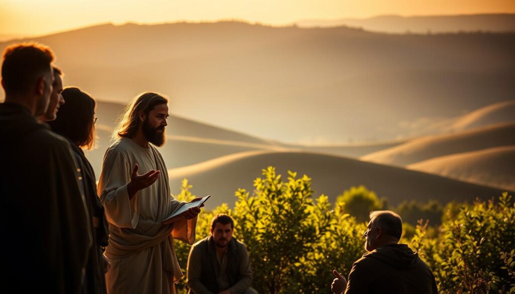 A serene, dimly lit scene of Jesus teaching his disciples in the Galilean countryside. In the foreground, the figure of Jesus stands with an authoritative yet compassionate presence, his hands gesturing as he shares his wisdom. Surrounding him, a group of attentive disciples listen intently, their faces illuminated by the soft, warm glow of the afternoon sun filtering through the lush, verdant foliage in the middle ground. In the background, rolling hills and a distant horizon evoke a sense of tranquility and the expansive reach of Jesus' ministry. The composition is balanced, the lighting dramatic, and the overall mood one of reverence and spiritual enlightenment, reflecting the profound narratives of Jesus' public life as recounted in the Gospel of Mark. A serene, dimly lit scene of Jesus teaching his disciples in the Galilean countryside. In the foreground, the figure of Jesus stands with an authoritative yet compassionate presence, his hands gesturing as he shares his wisdom. Surrounding him, a group of attentive disciples listen intently, their faces illuminated by the soft, warm glow of the afternoon sun filtering through the lush, verdant foliage in the middle ground. In the background, rolling hills and a distant horizon evoke a sense of tranquility and the expansive reach of Jesus' ministry. The composition is balanced, the lighting dramatic, and the overall mood one of reverence and spiritual enlightenment, reflecting the profound narratives of Jesus' public life as recounted in the Gospel of Mark.