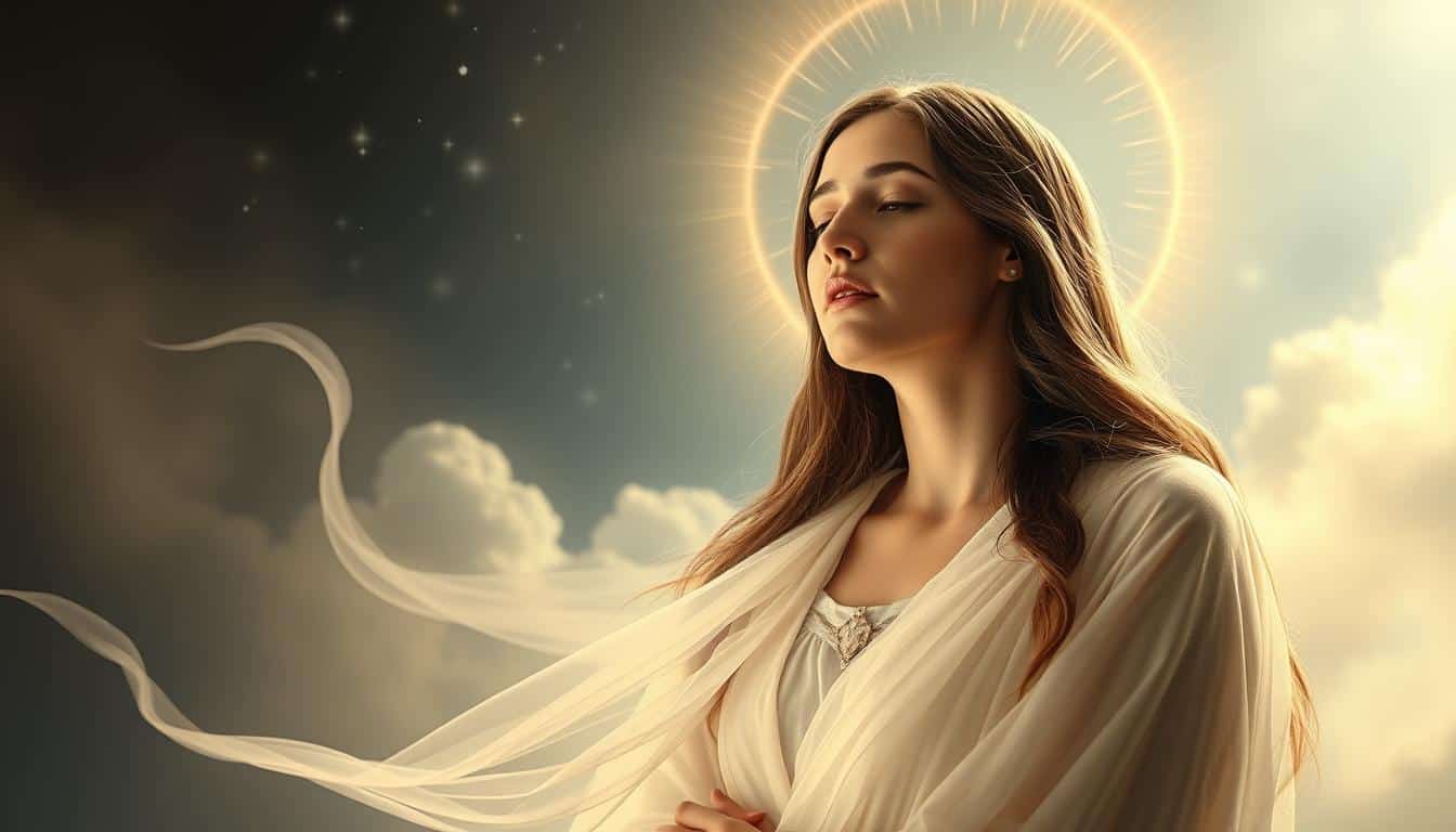 A serene, ethereal depiction of the "Gospel of Mary Magdalene" featuring a beautiful woman, likely Mary Magdalene, surrounded by a halo of divine light. The foreground showcases her reverent expression and flowing, gossamer robes. The middle ground suggests a celestial landscape, with wisps of clouds and shimmering stars. The background fades into an indistinct, mystical realm, evoking the profound revelations and spiritual awakening described in the text. The lighting is soft and diffuse, creating an atmosphere of contemplation and transcendence. The overall composition conveys a sense of sacred revelation and the divine feminine.