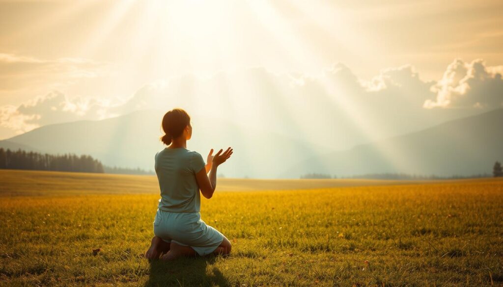 A serene, ethereal landscape bathed in soft, golden light. In the foreground, a figure kneels in prayer, their hands outstretched in a gesture of humble surrender. Radiant beams of light emanate from the figure, symbolizing the divine grace and transformative power of spiritual provision. The middle ground depicts a lush, verdant meadow, a visual metaphor for the nourishment and renewal found in God's presence. In the distance, a majestic, cloud-kissed mountain range stands tall, evoking a sense of awe and the grandeur of the divine. The overall mood is one of tranquility, reverence, and a profound connection to the spiritual realm. A serene, ethereal landscape bathed in soft, golden light. In the foreground, a figure kneels in prayer, their hands outstretched in a gesture of humble surrender. Radiant beams of light emanate from the figure, symbolizing the divine grace and transformative power of spiritual provision. The middle ground depicts a lush, verdant meadow, a visual metaphor for the nourishment and renewal found in God's presence. In the distance, a majestic, cloud-kissed mountain range stands tall, evoking a sense of awe and the grandeur of the divine. The overall mood is one of tranquility, reverence, and a profound connection to the spiritual realm.