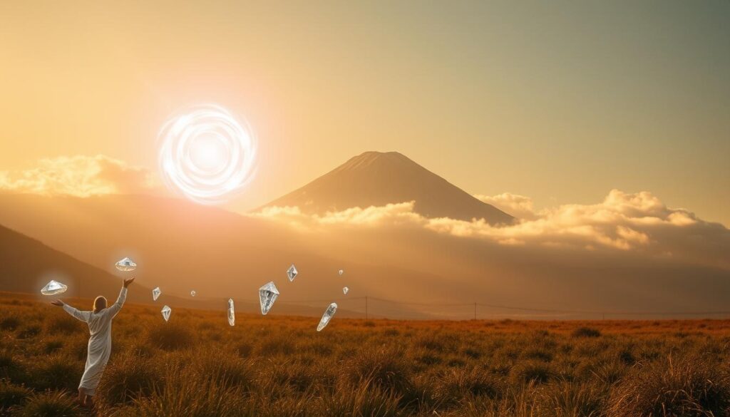 A serene, ethereal landscape bathed in soft, golden light. In the foreground, a radiant figure of spiritual power, their aura emanating a protective shield. Swirling energy flows from their outstretched hands, shielding against unseen forces. The middle ground features floating crystals and sacred geometric patterns, infused with mystical energy. In the distance, a towering mountain, its peak obscured by wispy clouds, symbolizing the journey towards enlightenment. The atmosphere is one of tranquility, strength, and divine intervention, evoking a sense of spiritual safeguarding against harm and deliverance from adversaries. A serene, ethereal landscape bathed in soft, golden light. In the foreground, a radiant figure of spiritual power, their aura emanating a protective shield. Swirling energy flows from their outstretched hands, shielding against unseen forces. The middle ground features floating crystals and sacred geometric patterns, infused with mystical energy. In the distance, a towering mountain, its peak obscured by wispy clouds, symbolizing the journey towards enlightenment. The atmosphere is one of tranquility, strength, and divine intervention, evoking a sense of spiritual safeguarding against harm and deliverance from adversaries.