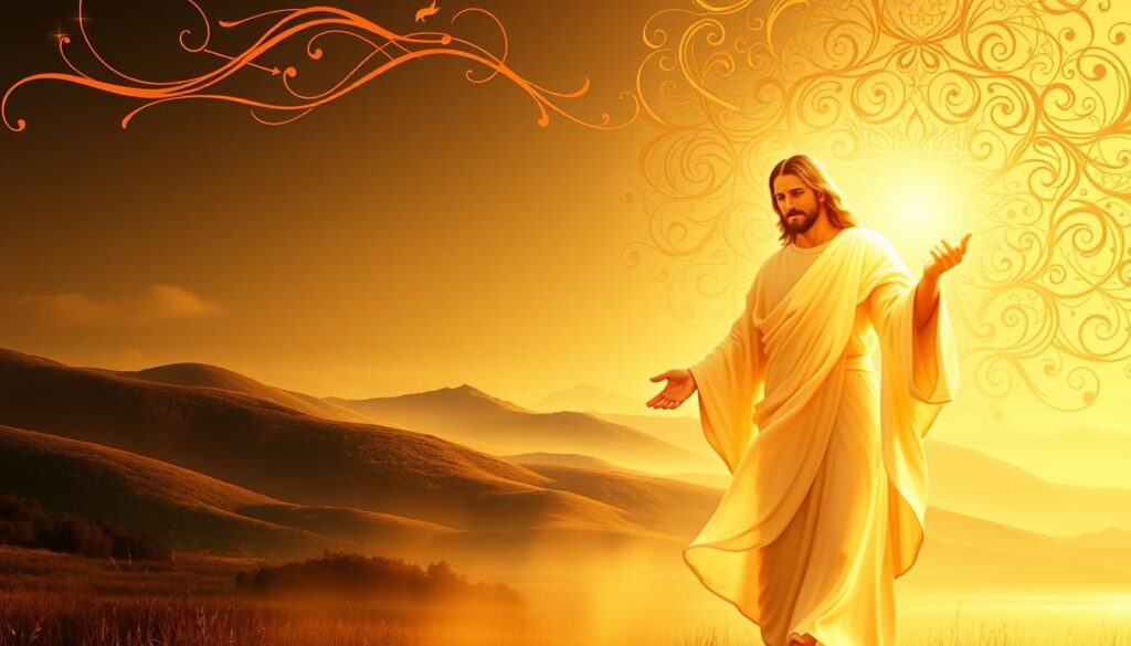 A serene, ethereal scene depicting the unique literary style and divine qualities of the Gospel of John. In the foreground, a glowing, translucent figure of Jesus Christ, radiating an aura of celestial light and love. Flowing robes and a serene expression convey the essence of his teachings on divinity and compassion. The middle ground features a lush, dreamlike landscape, with softly undulating hills and a shimmering, reflective body of water. In the background, a swirling, abstract pattern of intricate, calligraphic lines and shapes, suggesting the intricate, poetic language and symbolic nature of the Gospel text. Warm, golden hues and a sense of tranquility and reverence permeate the entire scene, capturing the essence of the "Gospel of John: The Divinity and Love of Jesus" and its unique literary characteristics.