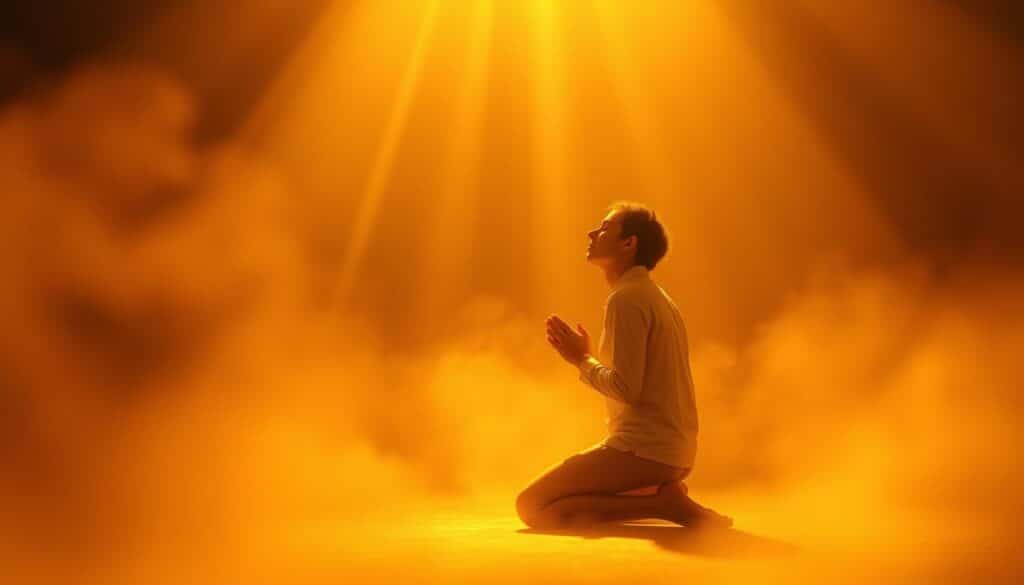 A serene, ethereal scene of a person kneeling in prayer, hands clasped, eyes closed, bathed in a warm, golden light. Gentle rays of heavenly illumination emanate from above, casting a tranquil glow upon the figure, symbolizing the presence and guidance of the Holy Spirit. The background fades into a soft, mist-like haze, creating a sense of otherworldly, spiritual connection. Soft, ambient textures and subtle, glowing highlights accentuate the sacred, reverent atmosphere, inviting the viewer to experience the quiet, profound connection with the divine.