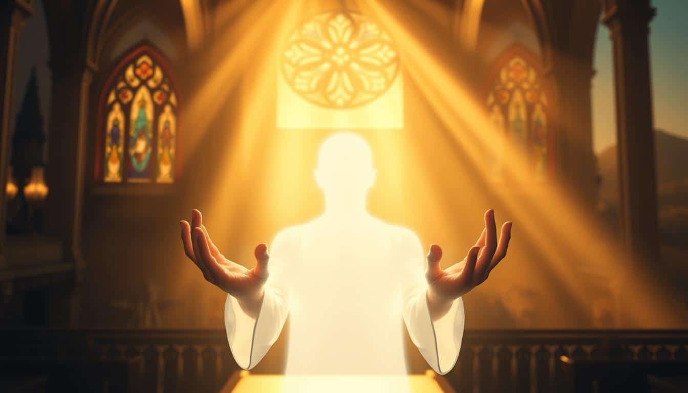 A serene, ethereal scene of spiritual forgiveness and restoration. In the foreground, a glowing, ethereal figure extends their hands, palms facing outward, in a gesture of absolution. The middle ground features a softly illuminated, ornate religious sanctuary, with stained glass windows casting warm, colored light. The background depicts a tranquil, mountainous landscape bathed in a golden, hazy glow, evoking a sense of peace and tranquility. Lighting is dramatic and atmospheric, with beams of light piercing through the scene. The overall mood is one of divine grace, healing, and the cleansing of the soul.