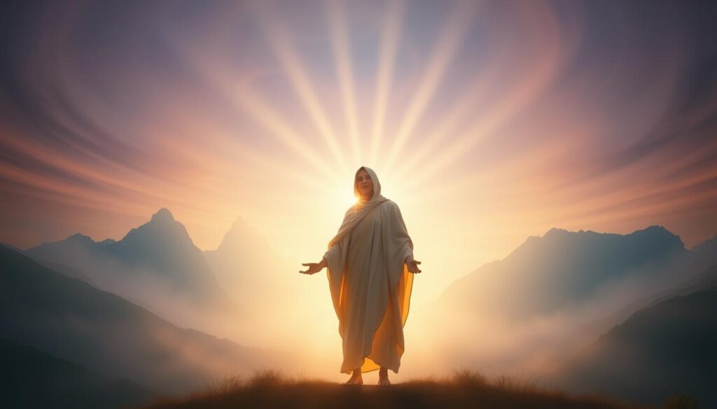 A serene figure, draped in flowing robes, stands amidst a softly glowing landscape. Rays of ethereal light emanate from the person, casting a warm, comforting glow. In the middle ground, towering mountains rise, their peaks shrouded in a hazy mist. The background is a swirling, dreamlike sky, awash with subtle shades of purple, blue, and gold. The overall atmosphere conveys a sense of inner peace, resilience, and the quiet strength that can be found in times of weariness. Soft, diffused lighting from an unseen source illuminates the scene, creating a sense of tranquility and contemplation. A serene figure, draped in flowing robes, stands amidst a softly glowing landscape. Rays of ethereal light emanate from the person, casting a warm, comforting glow. In the middle ground, towering mountains rise, their peaks shrouded in a hazy mist. The background is a swirling, dreamlike sky, awash with subtle shades of purple, blue, and gold. The overall atmosphere conveys a sense of inner peace, resilience, and the quiet strength that can be found in times of weariness. Soft, diffused lighting from an unseen source illuminates the scene, creating a sense of tranquility and contemplation.