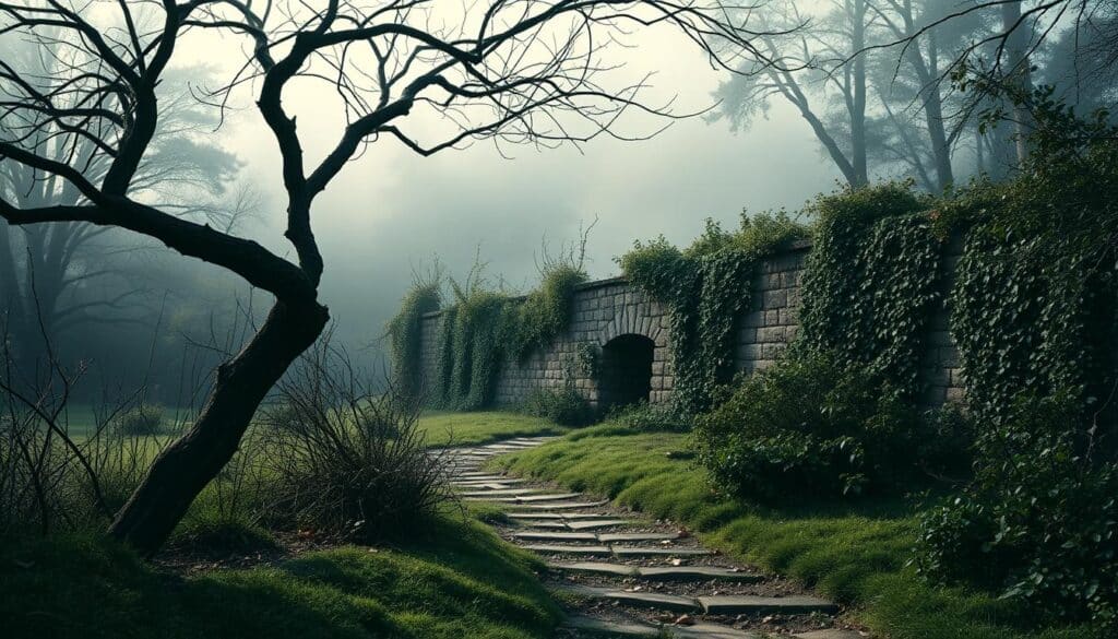 A serene garden, overgrown with thorny brambles, symbolizing the obstacles to spiritual restoration. In the foreground, a twisted, gnarled tree with barren branches, casting long shadows across the path. The middle ground reveals a crumbling stone wall, covered in ivy, representing the barriers to forgiveness. The background features a mist-shrouded forest, hinting at the hidden challenges of the soul's journey. Soft, diffused lighting casts an air of melancholy, while the muted color palette evokes a sense of introspection. The overall composition conveys the difficulties and complexities of the process of forgiveness and spiritual renewal. A serene garden, overgrown with thorny brambles, symbolizing the obstacles to spiritual restoration. In the foreground, a twisted, gnarled tree with barren branches, casting long shadows across the path. The middle ground reveals a crumbling stone wall, covered in ivy, representing the barriers to forgiveness. The background features a mist-shrouded forest, hinting at the hidden challenges of the soul's journey. Soft, diffused lighting casts an air of melancholy, while the muted color palette evokes a sense of introspection. The overall composition conveys the difficulties and complexities of the process of forgiveness and spiritual renewal.