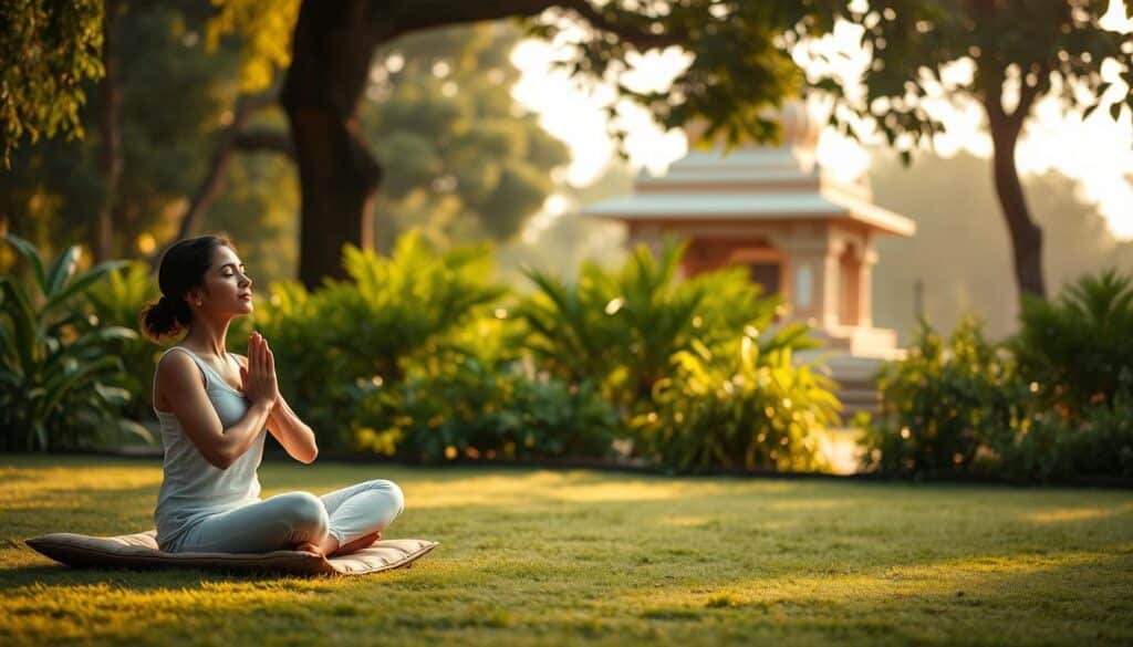 A serene garden setting with a peaceful, contemplative atmosphere. In the foreground, a person sitting cross-legged on a meditation cushion, eyes closed, hands in a prayer position. Soft, warm lighting filters through lush greenery in the middle ground, creating a sense of tranquility. In the background, an ancient temple or ashram with a simple, elegant architecture, suggesting a sacred, spiritual space. The overall tone is one of introspection, focus, and a deep sense of assurance and connection with the divine.