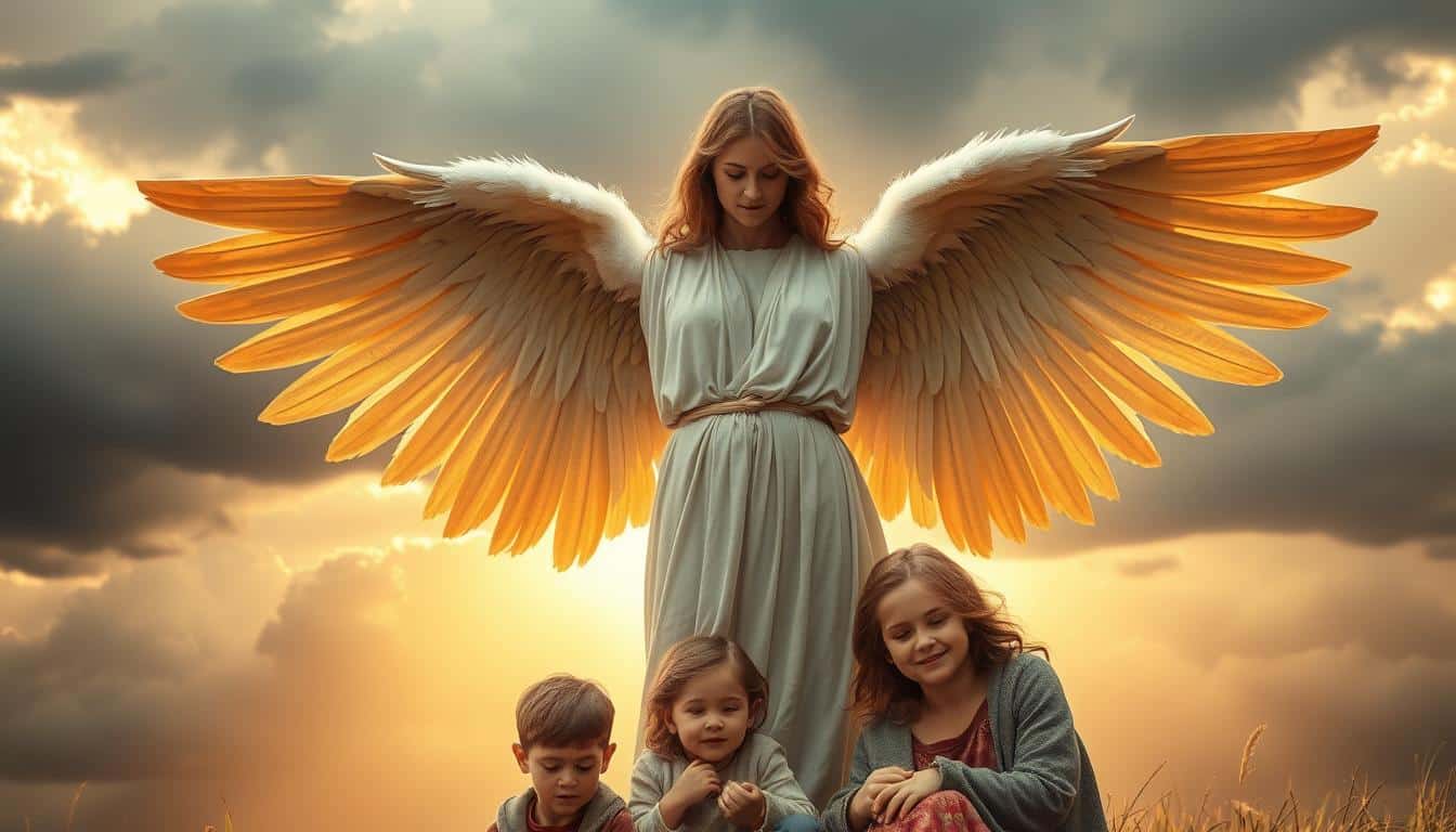 A serene guardian angel, wings outstretched, stands protectively over a family huddled beneath. Soft, golden light bathes the scene, casting a heavenly glow. In the background, a looming storm of dark clouds is held at bay, symbolizing the divine shield of protection. The family's expressions convey a sense of peace and comfort, safe from harm under the angel's vigilant watch. The composition is balanced, with the guardian figure commanding the focal point, while the family members fill the foreground, creating a harmonious whole. This image aims to capture the essence of deliverance from enemies and safekeeping from danger.