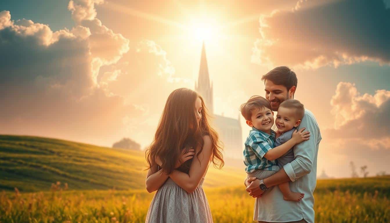 A serene, heavenly scene depicting the Promise of adoption as God's children. In the foreground, a warm, ethereal light bathes a family - a mother, father, and two children - embracing with loving expressions, their faces radiating peace and joy. The middle ground features a lush, verdant meadow, with soft, billowing clouds above. In the distance, a majestic, sun-kissed cathedral stands tall, its steeple and spires reaching towards the heavens, symbolizing the divine promise. The overall atmosphere is one of tranquility, hope, and the profound connection between God and His faithful children.