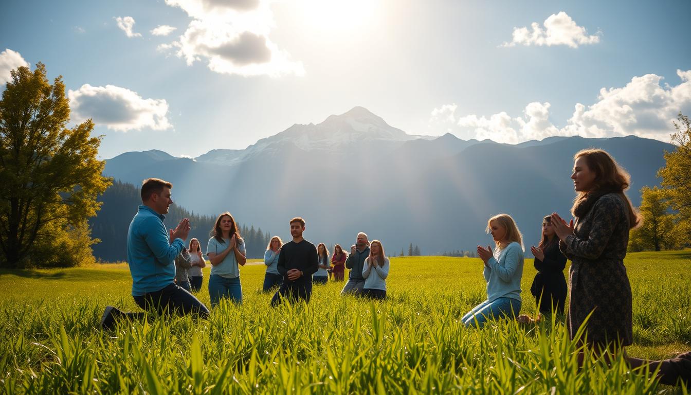 A serene outdoor scene with a lush green meadow and a clear blue sky. In the foreground, a group of people kneeling in prayer, their hands clasped, expressions of reverence and devotion upon their faces. Sunlight filters through the clouds, casting a warm, golden glow over the scene. In the background, a majestic mountain range rises, its peaks capped with snow, symbolizing the grandeur and power of the divine. The composition is balanced and harmonious, conveying a sense of peace, tranquility, and the blessings that come from obedience to God's word.