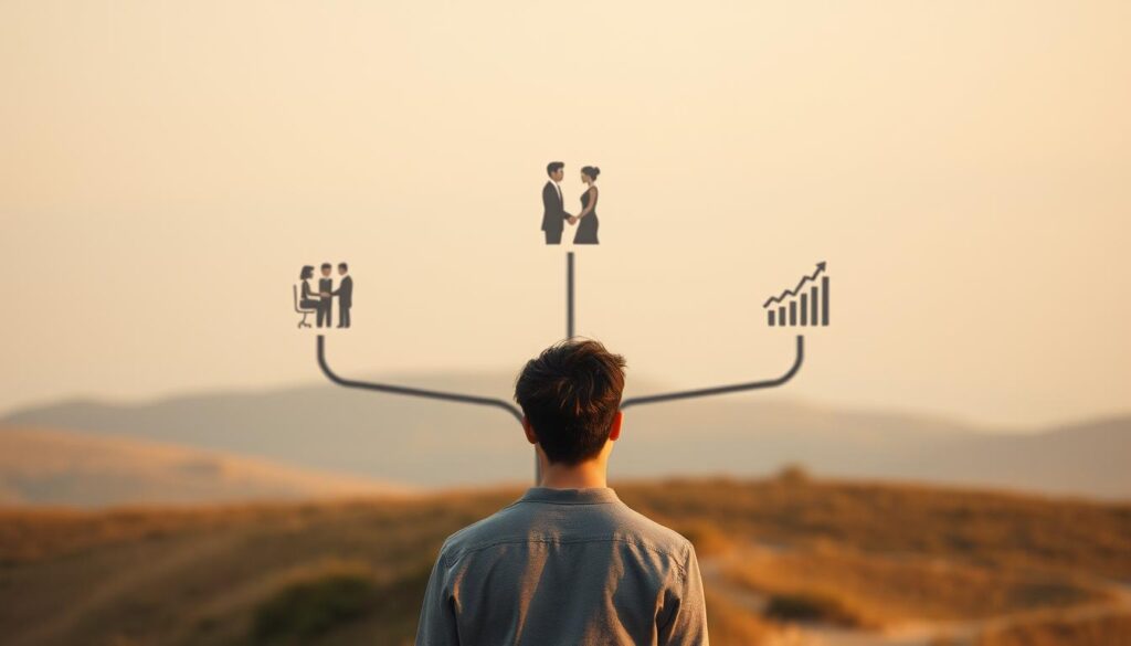 A serene, pensive scene depicting three pivotal life decisions - romantic partnership, career path, and financial management. In the foreground, a young adult contemplates a branching path, each fork leading to a symbolic representation of these key life choices. The middle ground features subtly rendered icons: a pair of intertwined figures, a stylized workplace, and a chart/graph. The background is a soft, contemplative landscape, with muted colors and a sense of tranquil introspection. Warm, natural lighting casts a thoughtful glow, inviting the viewer to consider the gravity and importance of these consequential life decisions. A serene, pensive scene depicting three pivotal life decisions - romantic partnership, career path, and financial management. In the foreground, a young adult contemplates a branching path, each fork leading to a symbolic representation of these key life choices. The middle ground features subtly rendered icons: a pair of intertwined figures, a stylized workplace, and a chart/graph. The background is a soft, contemplative landscape, with muted colors and a sense of tranquil introspection. Warm, natural lighting casts a thoughtful glow, inviting the viewer to consider the gravity and importance of these consequential life decisions.