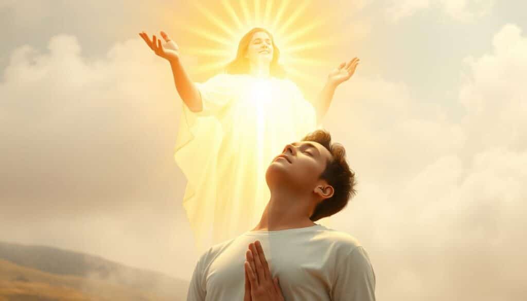 A serene, radiant figure of the Holy Spirit hovers over a person in a pose of prayerful surrender, encircling them with a warm, golden light. The person's face is uplifted, eyes closed, as they receive the Spirit's healing touch, their body language conveying a sense of profound peace and restoration. The background is a soft, ethereal landscape, hinting at a heavenly realm where the power and presence of the Spirit manifest. Crisp, high-resolution details capture the luminous quality of the scene, conveying the transformative power of the Spirit's sanctifying work in the life of the believer. A serene, radiant figure of the Holy Spirit hovers over a person in a pose of prayerful surrender, encircling them with a warm, golden light. The person's face is uplifted, eyes closed, as they receive the Spirit's healing touch, their body language conveying a sense of profound peace and restoration. The background is a soft, ethereal landscape, hinting at a heavenly realm where the power and presence of the Spirit manifest. Crisp, high-resolution details capture the luminous quality of the scene, conveying the transformative power of the Spirit's sanctifying work in the life of the believer.