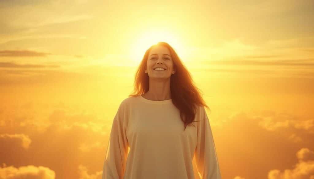 A serene, radiant figure stands in the center, their face alight with a peaceful expression. Warm, golden light bathes the scene, casting a soft, heavenly glow. In the background, a vast, boundless sky stretches out, hinting at the eternal promise of salvation. Delicate, ethereal wisps of clouds drift by, adding to the sense of tranquility and transcendence. The composition is balanced and harmonious, capturing the assurance and security found in faith in Christ. The overall atmosphere is one of profound comfort, hope, and the certainty of eternal life. A serene, radiant figure stands in the center, their face alight with a peaceful expression. Warm, golden light bathes the scene, casting a soft, heavenly glow. In the background, a vast, boundless sky stretches out, hinting at the eternal promise of salvation. Delicate, ethereal wisps of clouds drift by, adding to the sense of tranquility and transcendence. The composition is balanced and harmonious, capturing the assurance and security found in faith in Christ. The overall atmosphere is one of profound comfort, hope, and the certainty of eternal life.