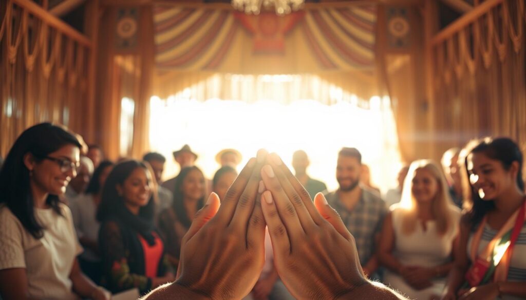 A serene sanctuary illuminated by warm, natural light. In the foreground, hands clasped in a gesture of forgiveness, radiating peace and healing. Behind them, a diverse group of individuals sharing their stories, faces alight with relief and gratitude. In the background, a tapestry of intertwined threads, symbolizing the interconnectedness of our shared experiences. The atmosphere is one of quiet contemplation, a sacred space where the burdens of the past are lifted, and the heart finds solace in the embrace of compassion.