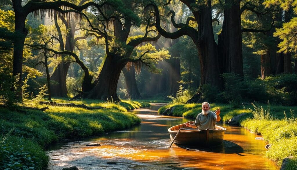 A serene, sun-dappled forest glade, with a gentle stream meandering through the lush, verdant undergrowth. In the foreground, a humble wooden boat floats placidly, its occupant a weathered yet kind-faced man gesturing calmly as he commands the elements. Towering ancient oaks and fragrant pines frame the scene, their branches swaying softly in a warm breeze. Shafts of golden light pierce the canopy, casting a soft, reverent glow over the tranquil tableau. The atmosphere is one of wonder and quiet contemplation, as if witnessing a profound and miraculous event unfolding in the heart of this untamed, pristine natural sanctuary. A serene, sun-dappled forest glade, with a gentle stream meandering through the lush, verdant undergrowth. In the foreground, a humble wooden boat floats placidly, its occupant a weathered yet kind-faced man gesturing calmly as he commands the elements. Towering ancient oaks and fragrant pines frame the scene, their branches swaying softly in a warm breeze. Shafts of golden light pierce the canopy, casting a soft, reverent glow over the tranquil tableau. The atmosphere is one of wonder and quiet contemplation, as if witnessing a profound and miraculous event unfolding in the heart of this untamed, pristine natural sanctuary.
