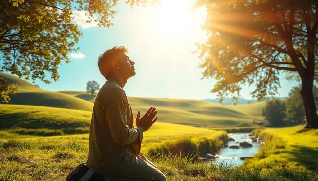 A serene, sun-dappled garden scene depicting the inner peace of the Christian faith. In the foreground, a devout figure kneels in contemplative prayer, their face radiating a tranquil expression. Behind them, a lush, verdant landscape unfolds, with soft rolling hills and a gently flowing stream reflecting the sky's azure hues. Overhead, shafts of warm, golden light filter through swaying trees, creating a sense of divine presence and spiritual rejuvenation. The overall atmosphere evokes a profound sense of inner harmony, emotional well-being, and a deep connection with the Almighty. A serene, sun-dappled garden scene depicting the inner peace of the Christian faith. In the foreground, a devout figure kneels in contemplative prayer, their face radiating a tranquil expression. Behind them, a lush, verdant landscape unfolds, with soft rolling hills and a gently flowing stream reflecting the sky's azure hues. Overhead, shafts of warm, golden light filter through swaying trees, creating a sense of divine presence and spiritual rejuvenation. The overall atmosphere evokes a profound sense of inner harmony, emotional well-being, and a deep connection with the Almighty.