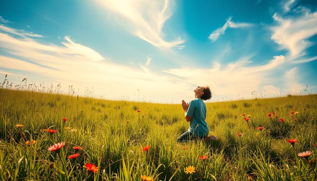A serene, sun-drenched meadow, lush with verdant grass and vibrant wildflowers. In the middle ground, a person kneels in contemplative prayer, hands clasped, face lifted heavenward. Warm, diffused light bathes the scene, creating a sense of divine presence. Wispy clouds drift across a brilliant azure sky, symbolizing the boundless, unconditional love of God. The overall atmosphere is one of peace, reverence, and a profound connection with the divine. Realistic, highly detailed, photographic quality.