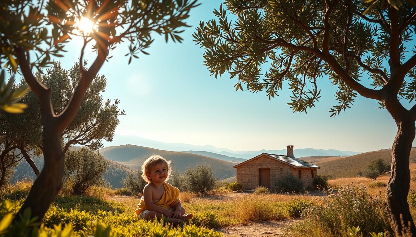 A serene, sunlit scene of the Infancy Gospel of James, capturing the childhood of Jesus. In the foreground, a young Jesus sits amidst a lush, verdant garden, his expression peaceful and curious. Around him, graceful olive trees sway gently in a soft breeze, their twisted trunks and delicate foliage creating a tranquil, timeless atmosphere. In the middle ground, a modest, stone house stands, its warm, earthy tones blending seamlessly with the natural surroundings. In the background, rolling hills dotted with wildflowers stretch out, a hazy, azure sky overhead. The lighting is soft and diffused, lending a sense of timelessness and reverence to the scene. The overall composition evokes a sense of wonder and devotion, capturing the essence of the Infancy Gospel of James and the childhood of Jesus.