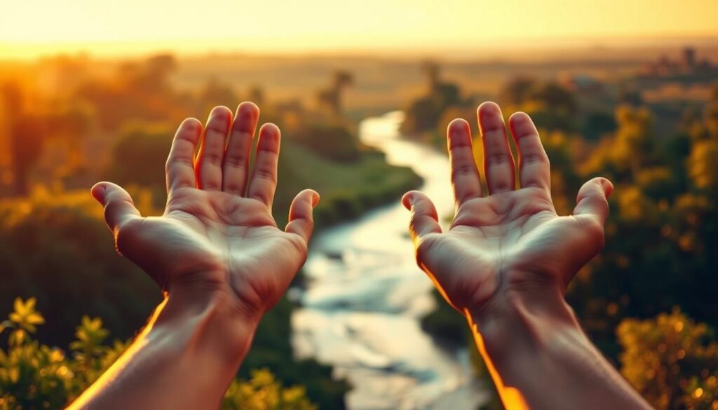A serene, warm-toned landscape bathed in soft, golden light. In the foreground, a pair of outstretched hands, palms facing upward, symbolizing the gracious, unconditional love of God. The hands are positioned against a backdrop of lush, verdant foliage, suggesting the abundance and nourishment of this divine love. In the middle ground, a gentle stream or river flows, its tranquil waters reflecting the surrounding nature. The background features a distant, hazy horizon, with a hint of a magnificent, awe-inspiring sky, conveying a sense of the vastness and timelessness of God's love. The overall scene exudes a mood of profound peace, reverence, and profound gratitude for the "gracia y amor de Dios".
