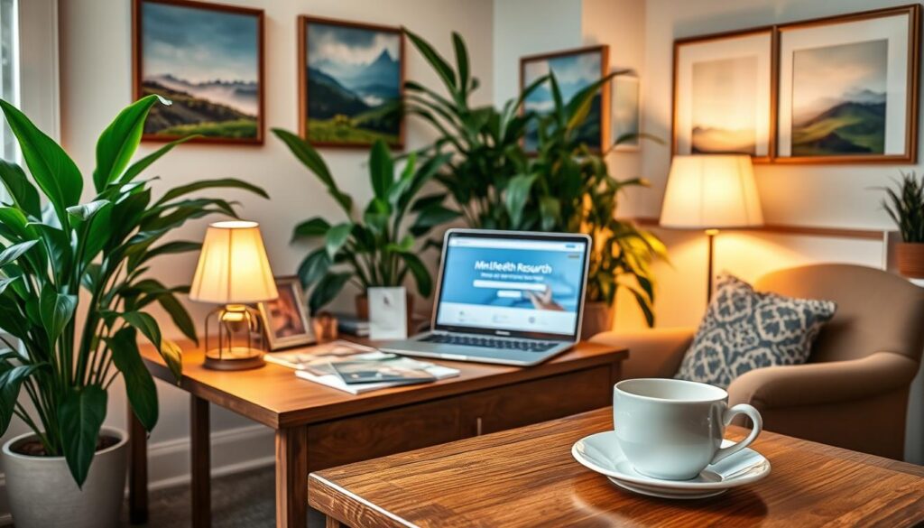 A serene, well-lit office setting with lush green plants, a cozy armchair, and a desk adorned with inspirational items. On the desk, a warm lamp illuminates a selection of brochures, pamphlets, and a laptop displaying mental health resources for the United States. The walls are adorned with soothing landscape paintings, creating a calming and inviting atmosphere. In the foreground, a welcoming cup of tea or coffee sits on a wooden side table, suggesting a space for contemplation and self-care. The entire scene conveys a sense of tranquility, support, and the availability of resources for those in need of mental health assistance. A serene, well-lit office setting with lush green plants, a cozy armchair, and a desk adorned with inspirational items. On the desk, a warm lamp illuminates a selection of brochures, pamphlets, and a laptop displaying mental health resources for the United States. The walls are adorned with soothing landscape paintings, creating a calming and inviting atmosphere. In the foreground, a welcoming cup of tea or coffee sits on a wooden side table, suggesting a space for contemplation and self-care. The entire scene conveys a sense of tranquility, support, and the availability of resources for those in need of mental health assistance.