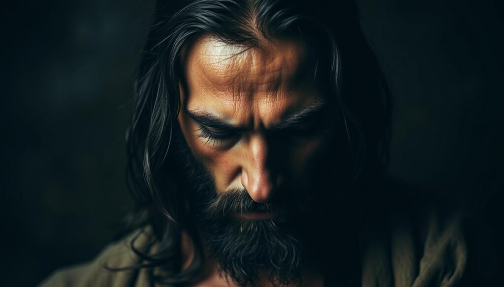 A somber, pensive portrait of Judas Iscariot, the infamous disciple who betrayed Jesus Christ. Set against a moody, dimly lit backdrop, the subject's face is cast in a mix of shadow and soft, dramatic lighting, conveying a sense of inner turmoil and conflicting emotions. Judas' expression is one of deep contemplation, his brow furrowed, eyes downcast, as if haunted by the weight of his actions. The composition is tight, focusing the viewer's attention on the subject's face and the haunting, introspective mood. Executed with a painterly, ethereal quality, this portrait offers an alternative, more nuanced vision of Judas, exploring the complexities of his role in the Gospels.