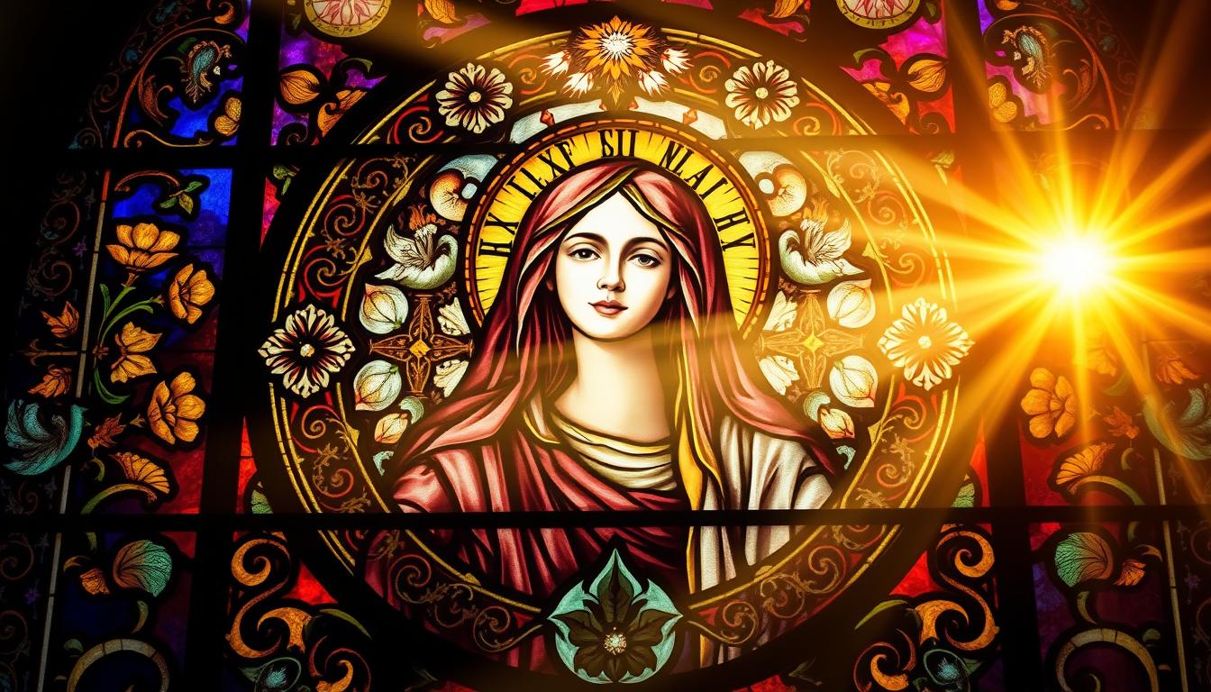 A stained glass window depicting the Gospel of Mary Magdalene, the sacred text that reveals her spiritual insights and connection to the divine. In the center, a portrait of Mary Magdalene, her face radiating an ethereal glow, surrounded by intricate floral motifs and celestial imagery. The background features a rich, jewel-toned palette, with beams of warm, heavenly light filtering through the glass. The composition is balanced and symmetrical, conveying a sense of sacred reverence and mystical revelation. The scene is rendered with meticulous attention to detail, capturing the timeless beauty and spiritual power of this ancient text.