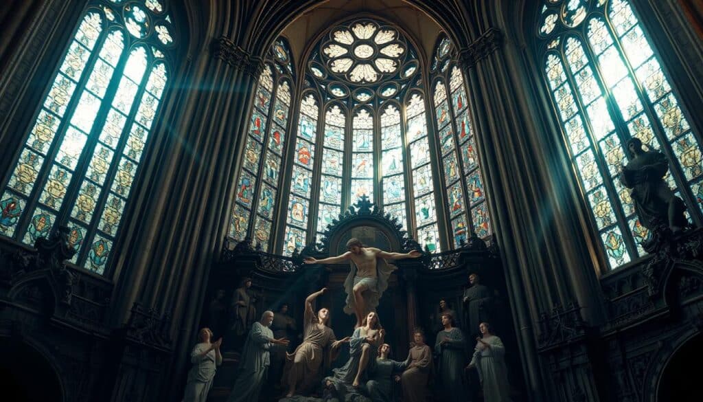 A sunlit cathedral interior, intricate stained-glass windows casting ethereal illumination. In the foreground, a dramatic tableau depicting the passion and resurrection of Christ, with figures in flowing robes and expressions of anguish and awe. Detailed stone carvings and ornate architectural elements frame the central scene, creating a sense of solemn grandeur. The lighting is soft and reverential, emphasizing the sacred and mystical nature of the Evangelio de Nicodemo's accounts. The overall atmosphere is one of reverence, solemnity, and the weight of spiritual significance. A sunlit cathedral interior, intricate stained-glass windows casting ethereal illumination. In the foreground, a dramatic tableau depicting the passion and resurrection of Christ, with figures in flowing robes and expressions of anguish and awe. Detailed stone carvings and ornate architectural elements frame the central scene, creating a sense of solemn grandeur. The lighting is soft and reverential, emphasizing the sacred and mystical nature of the Evangelio de Nicodemo's accounts. The overall atmosphere is one of reverence, solemnity, and the weight of spiritual significance.