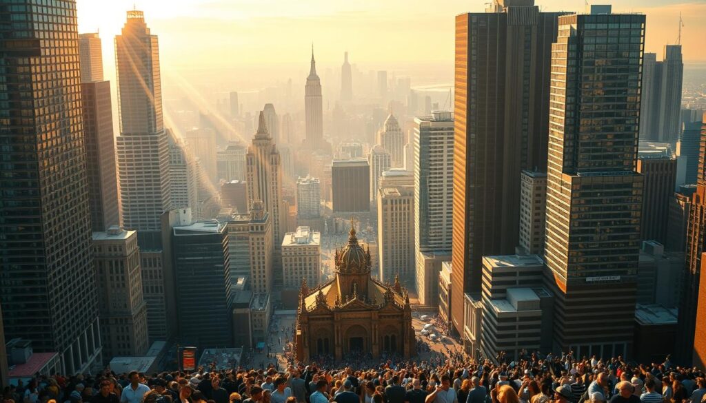 A sweeping vista of a bustling city, its towering skyscrapers reaching towards the heavens. In the foreground, a grand cathedral stands, its ornate architecture a testament to the enduring influence of Christian belief. Rays of warm, golden light filter through stained glass windows, casting a reverent glow upon the scene. In the middle ground, crowds of people gather, their expressions a mix of wonder, contemplation, and anticipation. The air is charged with a sense of expectation, as if the very fabric of the city awaits the promised return. In the distance, the horizon is tinged with a subtle, otherworldly hue, hinting at the transformative power of the Second Coming.