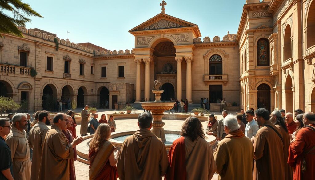 A thriving Judeo-Christian community gathers in a warm, sun-dappled courtyard. In the foreground, a group of worshippers in traditional robes engage in lively discussion, their faces animated with a sense of shared faith and purpose. The middle ground features an ornate stone fountain, its gentle trickle echoing the serenity of the scene. In the background, a grand temple with intricate carvings and stained glass windows stands as a testament to the community's devotion. The atmosphere is one of reverence and community, capturing the essence of the ancient Christian traditions that inspired the Gospel of the Hebrews. A thriving Judeo-Christian community gathers in a warm, sun-dappled courtyard. In the foreground, a group of worshippers in traditional robes engage in lively discussion, their faces animated with a sense of shared faith and purpose. The middle ground features an ornate stone fountain, its gentle trickle echoing the serenity of the scene. In the background, a grand temple with intricate carvings and stained glass windows stands as a testament to the community's devotion. The atmosphere is one of reverence and community, capturing the essence of the ancient Christian traditions that inspired the Gospel of the Hebrews.
