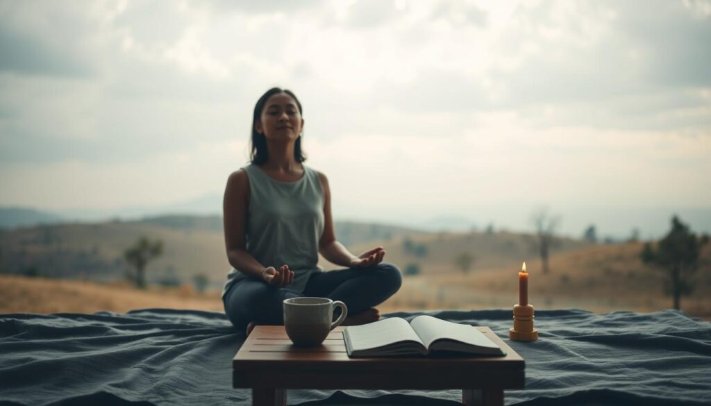 A tranquil, contemplative scene of emotional self-care. In the foreground, a person sits cross-legged, eyes closed, palms facing upwards in a meditative pose. Soft, diffused lighting illuminates their serene expression. In the middle ground, a simple wooden table holds a cup of steaming tea, a journal, and a single lit candle, creating a cozy, introspective atmosphere. The background features a minimalist, calming landscape with rolling hills, sparse trees, and a softly clouded sky, conveying a sense of peaceful solitude. The overall mood is one of introspection, comfort, and emotional restoration. A tranquil, contemplative scene of emotional self-care. In the foreground, a person sits cross-legged, eyes closed, palms facing upwards in a meditative pose. Soft, diffused lighting illuminates their serene expression. In the middle ground, a simple wooden table holds a cup of steaming tea, a journal, and a single lit candle, creating a cozy, introspective atmosphere. The background features a minimalist, calming landscape with rolling hills, sparse trees, and a softly clouded sky, conveying a sense of peaceful solitude. The overall mood is one of introspection, comfort, and emotional restoration.