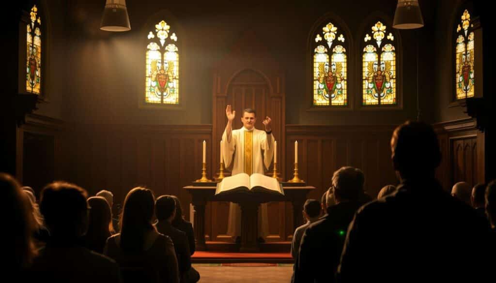 A tranquil liturgical scene of the Gospel of Matthew's impact on pastoral and liturgical life. A dimly lit church interior, soft golden light filtering through stained glass windows, illuminating a simple wooden altar adorned with candles and a large open Bible. In the foreground, a robed priest stands solemnly, hands raised in benediction. Worshippers kneel in reverence, their faces cast in an ethereal glow. The atmosphere is one of sacred contemplation and devotion, reflecting the profound influence of Matthew's account of Jesus' teachings and the birth narrative. A tranquil liturgical scene of the Gospel of Matthew's impact on pastoral and liturgical life. A dimly lit church interior, soft golden light filtering through stained glass windows, illuminating a simple wooden altar adorned with candles and a large open Bible. In the foreground, a robed priest stands solemnly, hands raised in benediction. Worshippers kneel in reverence, their faces cast in an ethereal glow. The atmosphere is one of sacred contemplation and devotion, reflecting the profound influence of Matthew's account of Jesus' teachings and the birth narrative.