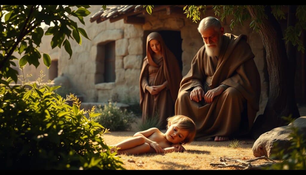 A tranquil scene depicting the "Protoevangelium of James", a canonical work recounting the childhood of Jesus. In the foreground, a young Jesus plays peacefully, surrounded by lush greenery and a warm, soft light. In the middle ground, the Virgin Mary and Saint Joseph watch over their son, their expressions conveying a sense of wonder and devotion. The background features a humble dwelling, its architectural details hinting at the modest beginnings of the Holy Family. The overall composition evokes a serene, contemplative atmosphere, capturing the innocence and purity of the Savior's early years.