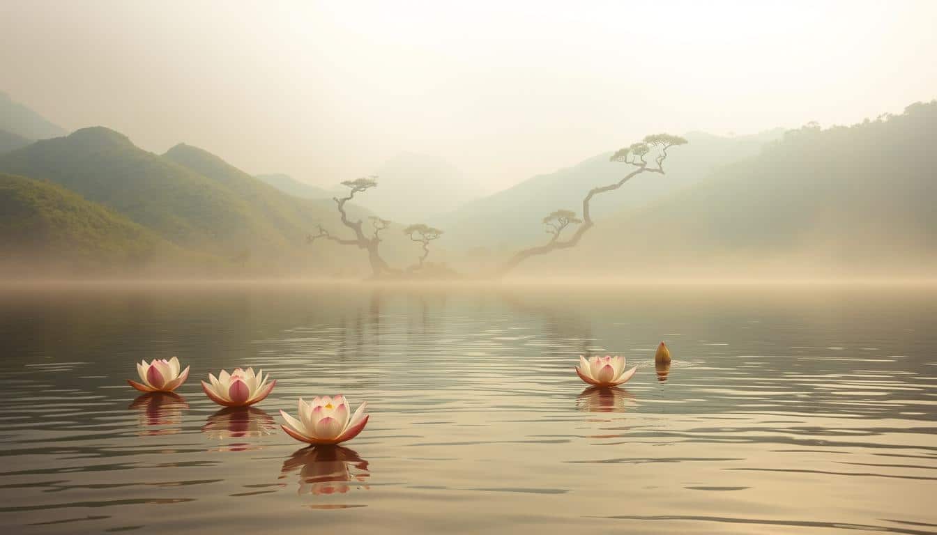 A tranquil scene of a serene landscape, bathed in a warm, ethereal glow. In the foreground, a placid lake reflects the sky above, its surface rippling gently. Floating atop the water, delicate lotus blossoms unfurl their petals, symbolizing purity and spiritual enlightenment. In the middle ground, lush, verdant hills rise up, their slopes dotted with ancient, twisted trees. The background is shrouded in a soft, misty haze, creating a sense of depth and mystery. The overall atmosphere is one of profound calm and inner peace, inviting the viewer to lose themselves in the moment and find the "peace that surpasses all understanding."