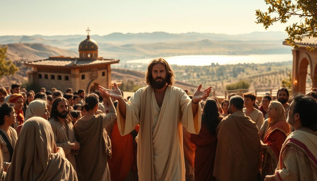 A tranquil, sun-dappled scene set in ancient Judea. In the foreground, a serene figure of Jesus stands amid a crowd, his hands outstretched in a gesture of healing and blessing. The faces of the people around him are filled with wonder and awe, as they witness the miraculous signs and wonders he performs. In the middle ground, details of the bustling village come into focus - ornate architectural elements, vibrant fabrics, and the warm glow of torchlight. The background is a sweeping panorama of rolling hills, dotted with olive groves and the distant shimmer of the Sea of Galilee. The lighting is soft and ethereal, infusing the scene with a sense of divine presence and the majesty of Christ's divinity. A tranquil, sun-dappled scene set in ancient Judea. In the foreground, a serene figure of Jesus stands amid a crowd, his hands outstretched in a gesture of healing and blessing. The faces of the people around him are filled with wonder and awe, as they witness the miraculous signs and wonders he performs. In the middle ground, details of the bustling village come into focus - ornate architectural elements, vibrant fabrics, and the warm glow of torchlight. The background is a sweeping panorama of rolling hills, dotted with olive groves and the distant shimmer of the Sea of Galilee. The lighting is soft and ethereal, infusing the scene with a sense of divine presence and the majesty of Christ's divinity.