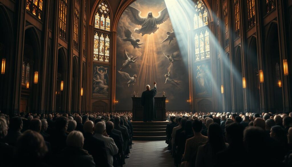 A vast cathedral interior, stained glass windows casting a warm, reverent glow. In the center, a pulpit stands elevated, a figure in robes gesturing emphatically as they preach of the imminent return of Christ. Congregants sit transfixed, faces aglow with a mix of hope and anticipation. The air is thick with a sense of spiritual urgency, as if the very foundations of the earth tremble with the promise of salvation. In the background, a large mural depicts the Rapture, angels descending, the faithful rising to meet their Savior. Dramatic chiaroscuro lighting accentuates the drama, creating an atmosphere of both awe and trepidation.