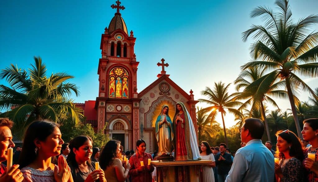 A vibrant Mexican Catholic church, its facade adorned with intricate carvings and colorful tiles, stands against a clear blue sky. In the foreground, devout worshippers gather, their expressions serene and reverent, holding candles and rosary beads. The warm golden light filters through stained glass windows, casting a soft, glowing ambiance. In the middle ground, a procession of robed figures carries a statue of the Virgin Mary, her gown bejeweled and her face serene. In the background, a lush tropical landscape frames the scene, with palm trees swaying gently in the breeze. The overall atmosphere conveys a sense of deep faith, tradition, and the promise of divine presence. A vibrant Mexican Catholic church, its facade adorned with intricate carvings and colorful tiles, stands against a clear blue sky. In the foreground, devout worshippers gather, their expressions serene and reverent, holding candles and rosary beads. The warm golden light filters through stained glass windows, casting a soft, glowing ambiance. In the middle ground, a procession of robed figures carries a statue of the Virgin Mary, her gown bejeweled and her face serene. In the background, a lush tropical landscape frames the scene, with palm trees swaying gently in the breeze. The overall atmosphere conveys a sense of deep faith, tradition, and the promise of divine presence.