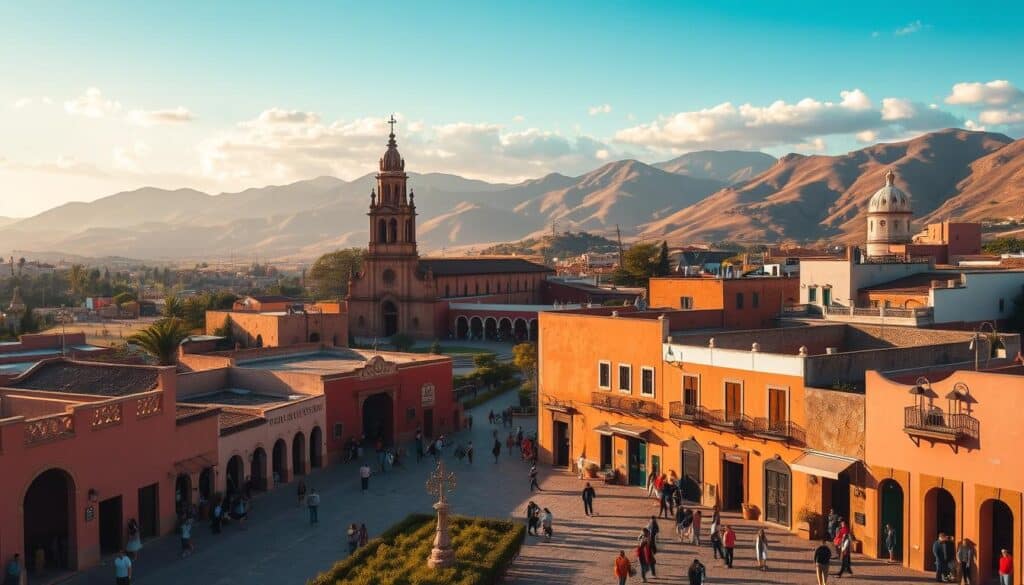 A vibrant Mexican landscape, bathed in warm afternoon light. In the foreground, a bustling town square with adobe buildings, cobblestone streets, and locals going about their daily lives. In the middle ground, a grand cathedral with ornate architecture and a towering spire, its bells ringing out. In the distance, rolling hills and mountains, their peaks touched by wispy clouds. The scene exudes a sense of timelessness and cultural richness, inviting the viewer to immerse themselves in the contextual essence of Mexico.