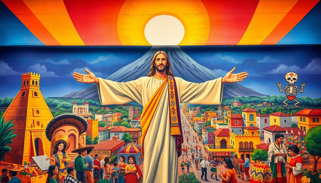 A vibrant and colorful mural depicting the cultural fusion of Lucas and Mexico. In the foreground, a figure of Jesus Christ stands with open arms, his robes flowing in a warm, golden light. Surrounding him are various iconic Mexican symbols - a Mayan pyramid, a mariachi band, a Day of the Dead skeleton, and a vibrant tapestry. In the middle ground, a bustling city scene with vibrant markets, colorful buildings, and people going about their daily lives. In the background, the silhouette of the majestic Popocatépetl volcano against a deep blue sky, the sun casting long shadows across the landscape. The entire scene is infused with a sense of reverence, celebration, and social relevance, reflecting the deep connection between the Gospel of Luke and the cultural heritage of Mexico.