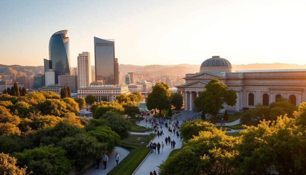 A vibrant cityscape with towering skyscrapers and bustling streets, illuminated by warm, golden sunlight. In the foreground, a lush, well-manicured garden surrounds a grand, neo-classical style building, its intricate architecture and columns symbolizing economic strength and restoration. People stroll along the tree-lined paths, carrying briefcases and engaged in lively conversations, representing the rejuvenation of a thriving community. The middle ground features a bustling marketplace, with vendors offering a variety of goods and services, showcasing the robust economic activity. In the background, rolling hills and a cloudless sky create a serene, prosperous backdrop, conveying a sense of hope and optimism.