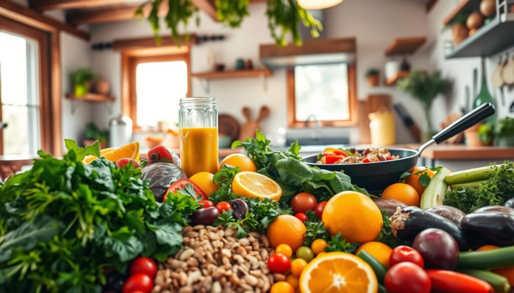 A vibrant, energy-boosting feast set against a warm, sun-dappled kitchen scene. In the foreground, an abundance of colorful whole foods - fresh leafy greens, crunchy vegetables, protein-rich nuts and seeds, and juicy citrus fruits. Artfully arranged, they seem to radiate vitality. In the middle ground, a blender whirs, preparing a nutrient-dense smoothie, while a pan sizzles with a stir-fry of lean meat and vibrant veggies. The background features a cozy, rustic kitchen, with wood accents, herbs hanging from the ceiling, and an open window allowing natural light to flood the space. The overall atmosphere is one of nourishment, balance, and boundless energy.