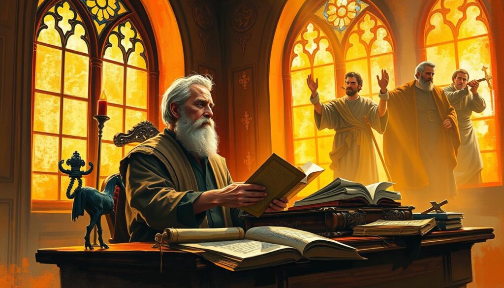 A vibrant, oil painting-style illustration of Tomás, a scholarly figure, engaged in a thoughtful comparison between his mystical gospel and the canonical gospels. The scene depicts Tomás seated at an ornate wooden desk, surrounded by ancient texts and scrolls. Warm, golden light filters through stained glass windows, casting a contemplative atmosphere. In the background, silhouettes of the four evangelists gesticulate, symbolizing the divergent narratives. The composition emphasizes the tension and intellectual exchange between Tomás' unorthodox revelations and the established Christian scriptures. The brushstrokes convey a sense of reverence and historical significance.