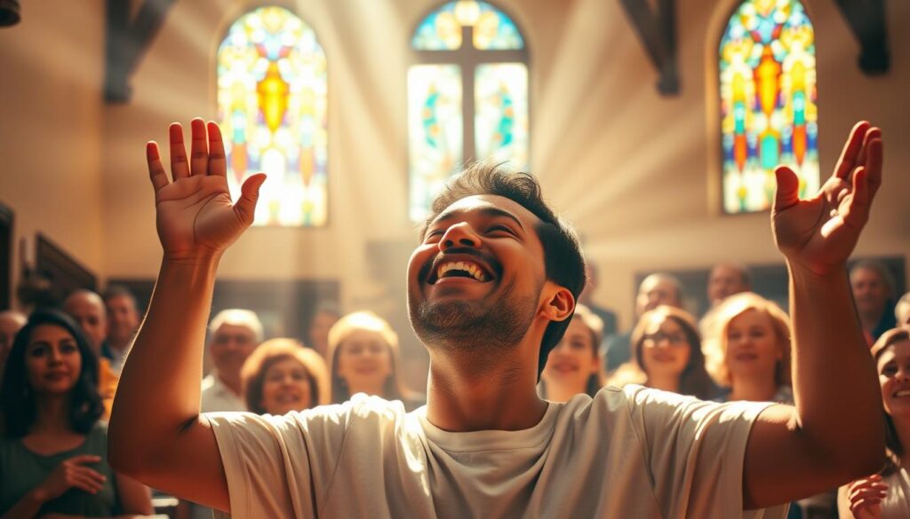A vibrant scene of a believer experiencing the practical empowerment of the Holy Spirit. In the foreground, a person with an expression of determination and joy, hands raised in worship. Rays of divine light radiating from their figure, illuminating the surroundings. In the middle ground, a group of supportive fellow believers, faces alight with encouragement and wonder. The background depicts a humble, yet welcoming church setting, with stained glass windows casting a warm, reverent glow. The atmosphere is one of transformative spiritual energy, where the faithful feel emboldened and inspired to live out their faith with power and purpose.