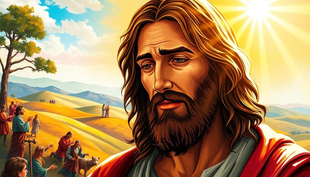 A vivid illustration of the Gospel of Mark, showcasing the life and miracles of Jesus. In the foreground, a detailed depiction of Jesus, his face serene and compassionate, surrounded by a warm, golden light. In the middle ground, scenes of his healings and teachings, captured in vibrant strokes. The background features a serene, sun-dappled landscape, rolling hills, and a bright blue sky, evoking a sense of tranquility and spiritual transcendence. The overall composition is balanced and harmonious, drawing the viewer's attention to the central figure and the profound events that shaped the Gospel of Mark.